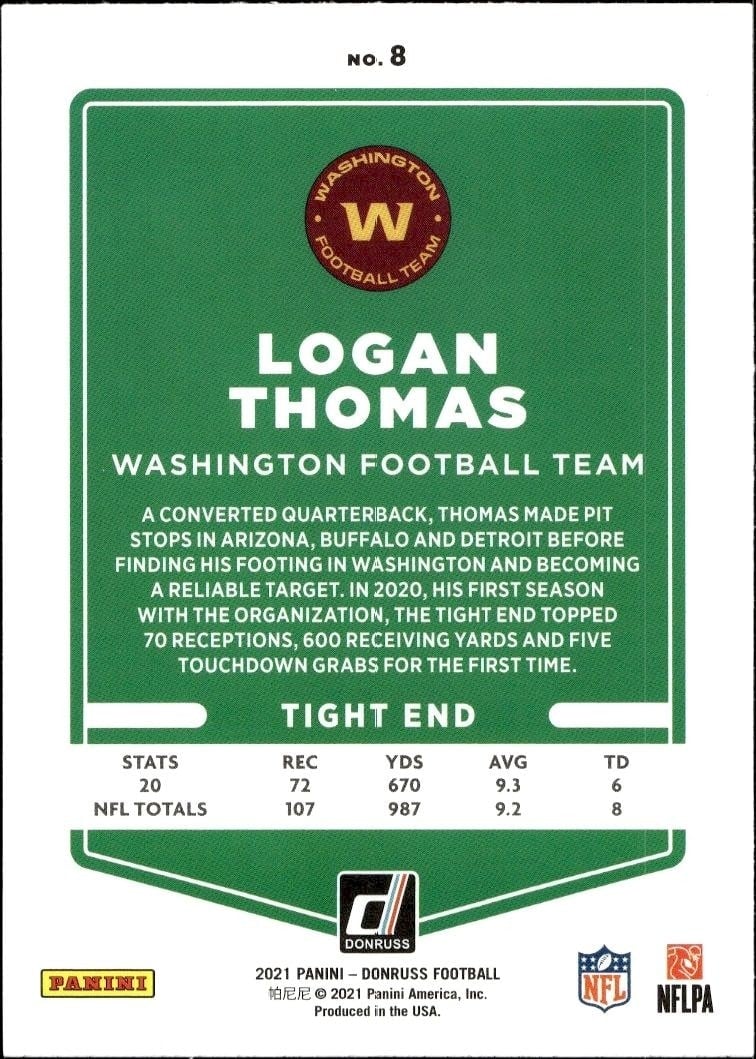 2021 Donruss Logan Thomas #8 football trading card back