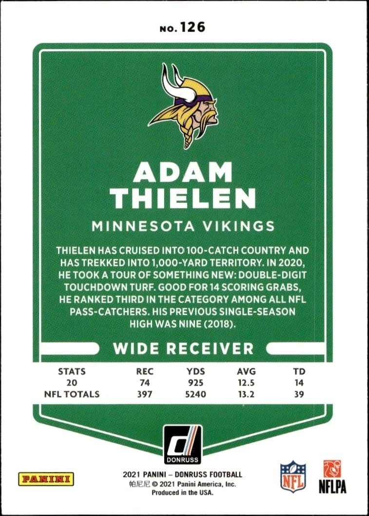 2021 Donruss Adam Thielen #126 football trading card back