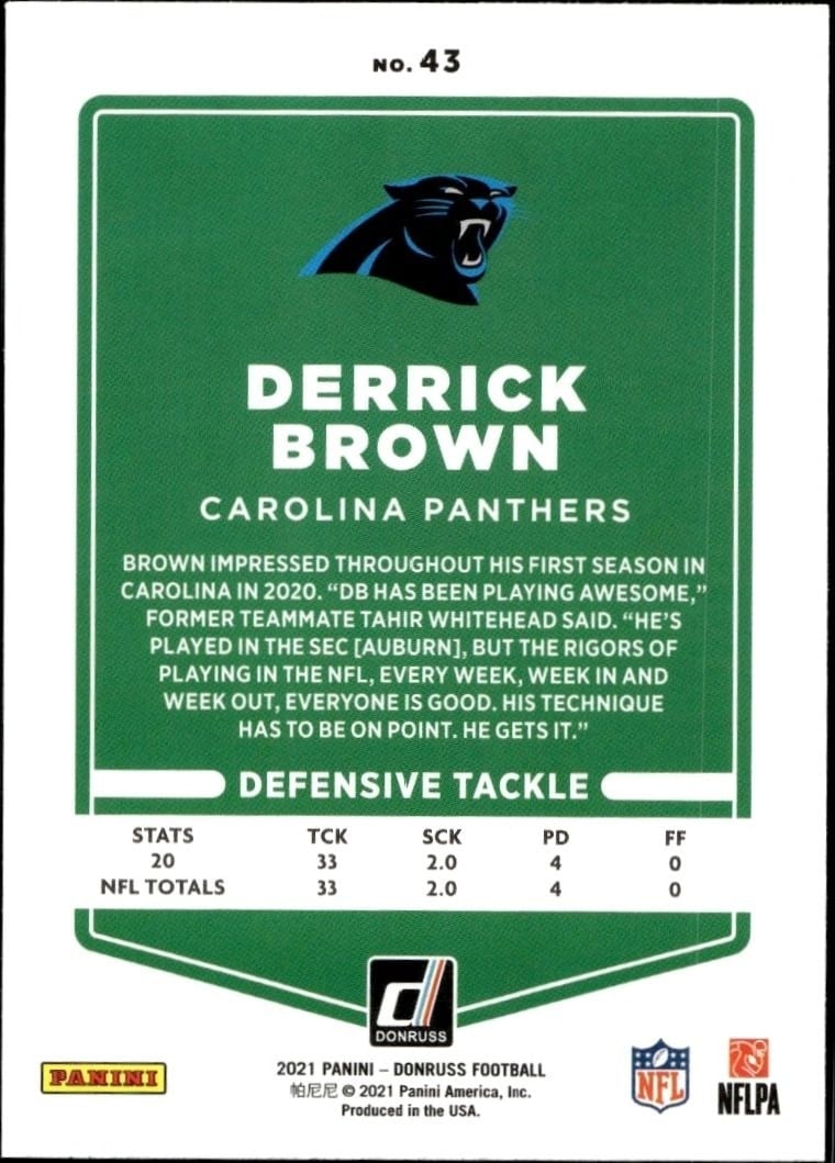 2021 Donruss Derrick Brown #43 football trading card back