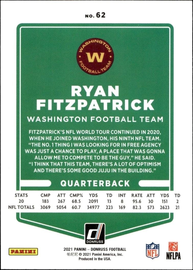 2021 Donruss Ryan Fitzpatrick #62 football trading card back
