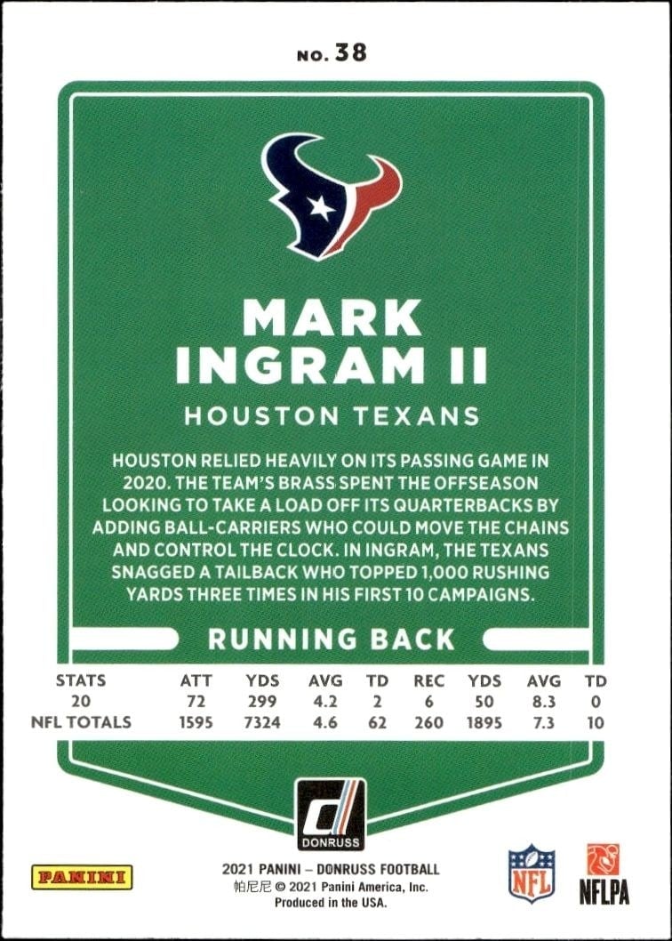 2021 Donruss Mark Ingram II #38 football trading card back