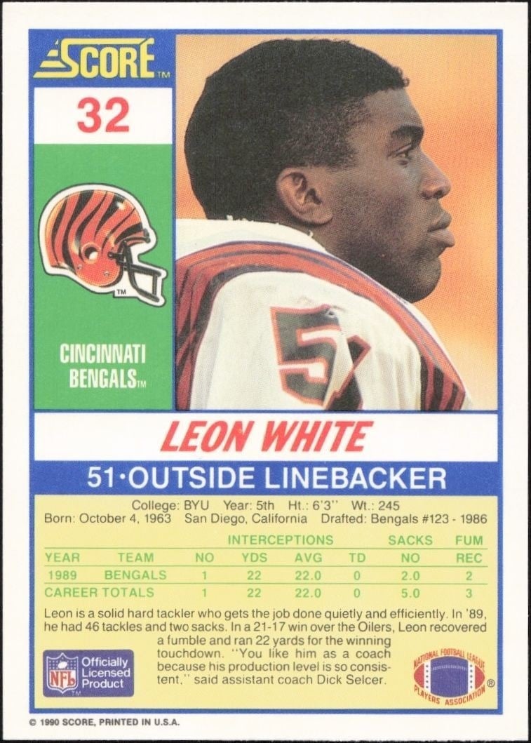 1990 Score Leon White #32 football trading card back