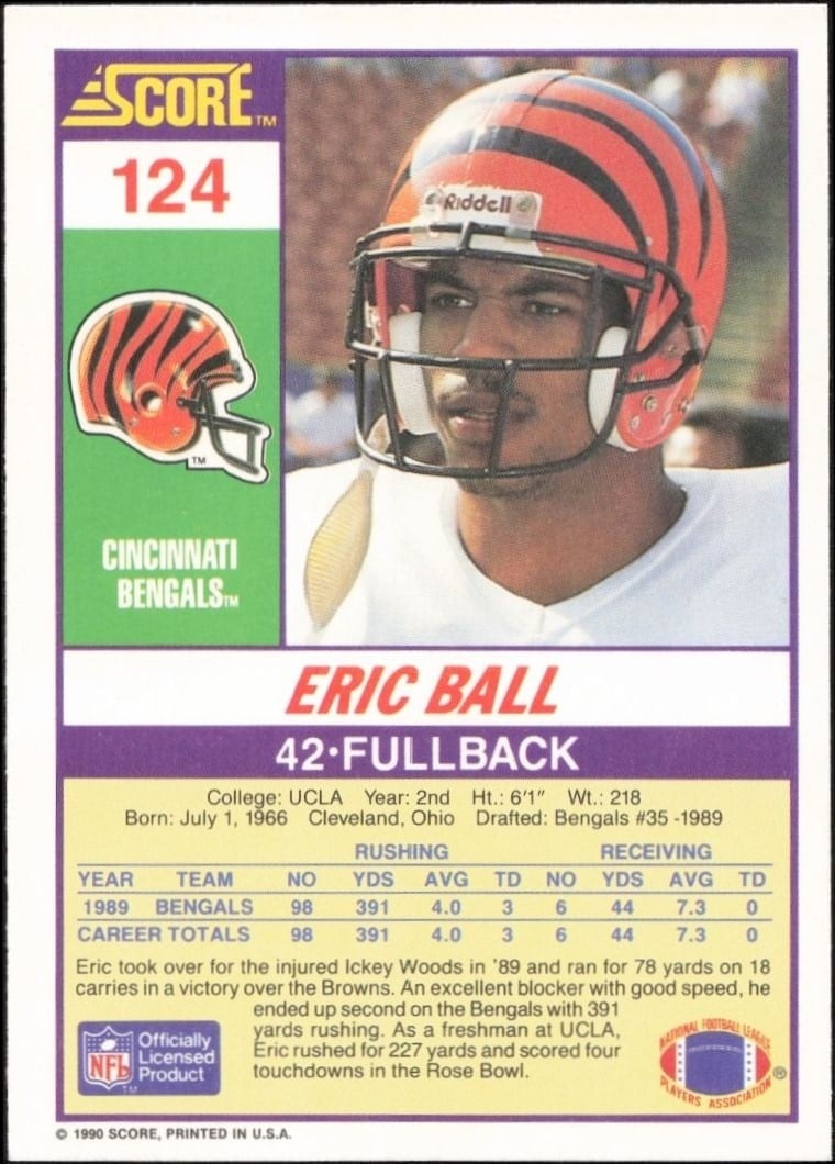1990 Score Eric Ball #124 football trading card back