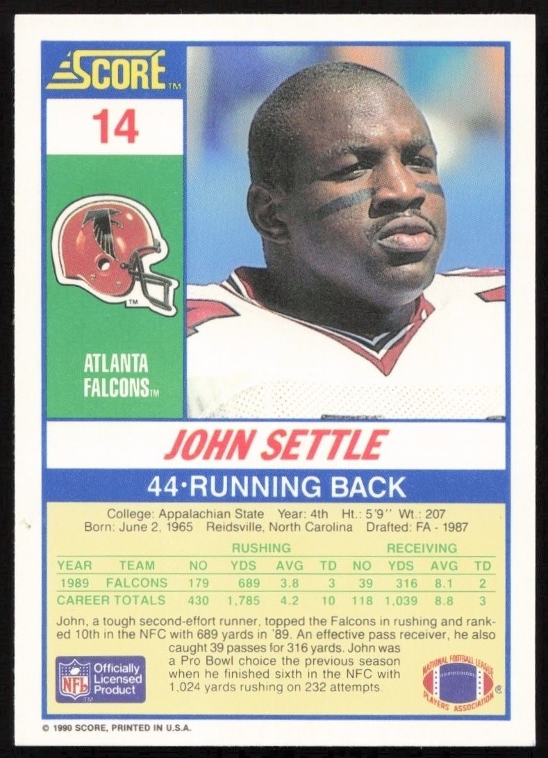 1990 Score John Settle #14 football trading card back