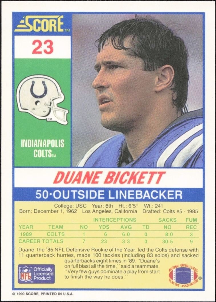 1990 Score Duane Bickett #23 football trading card back