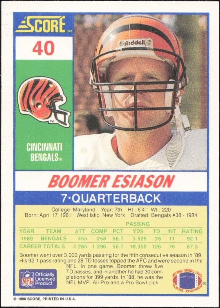 1990 Score Boomer Esiason #40 football trading card back