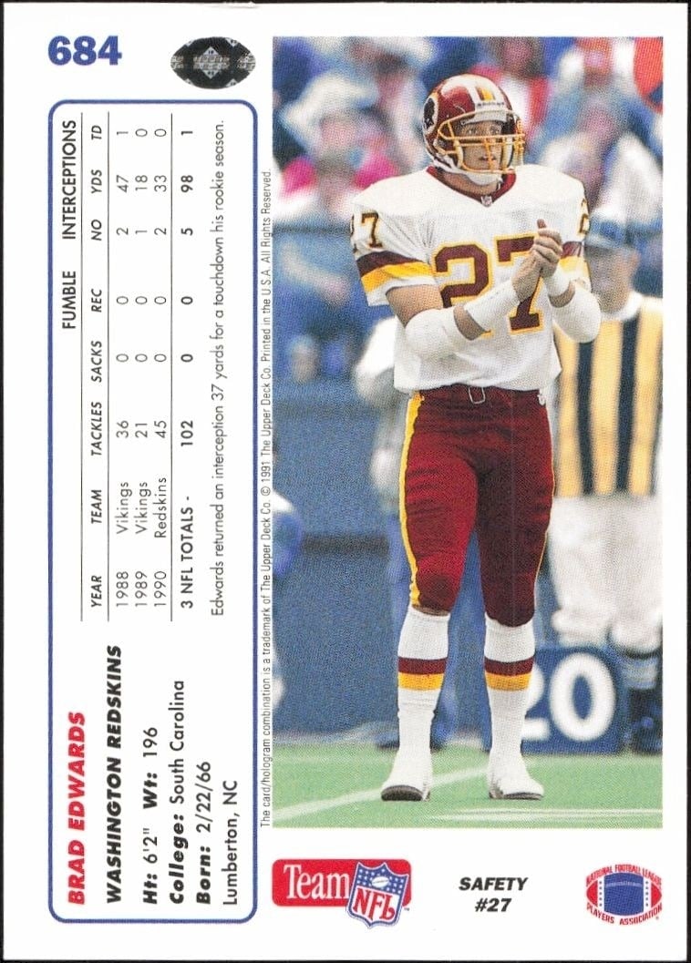 1991 Upper Deck Brad Edwards #684 football trading card back