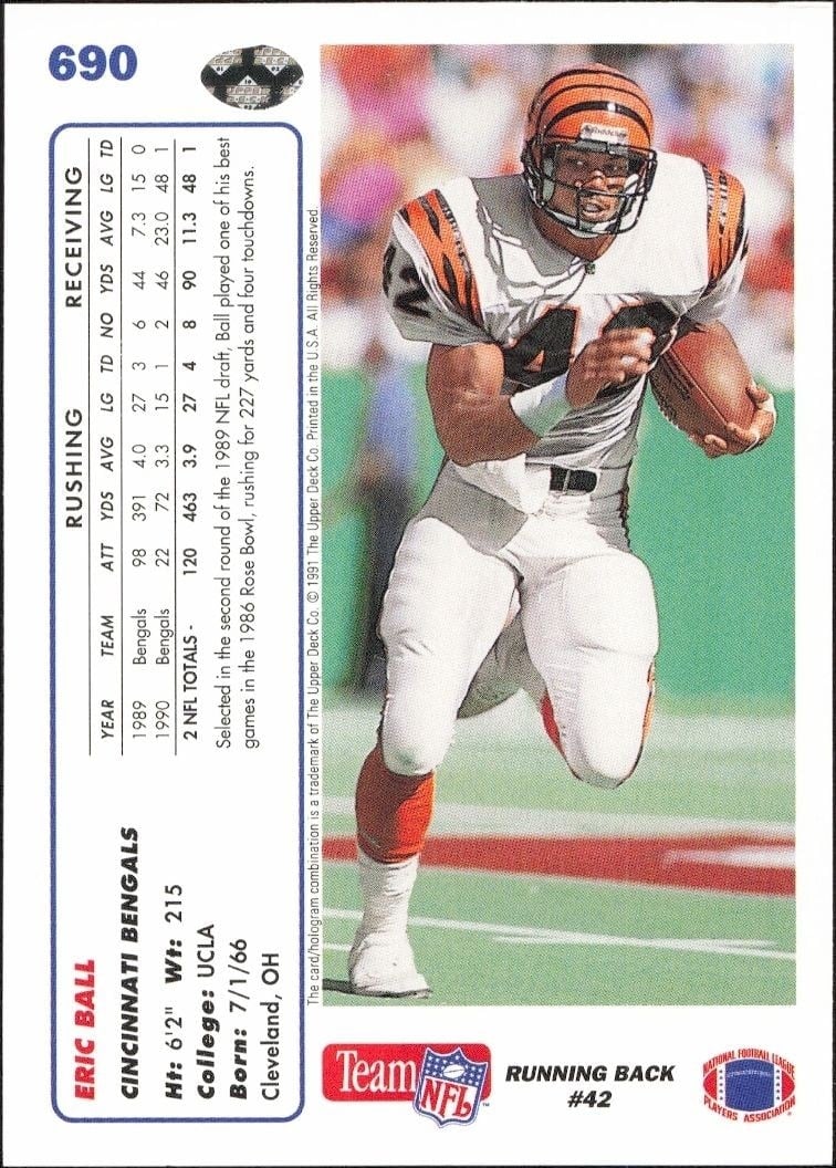 1991 Upper Deck Eric Ball #690 football trading card back