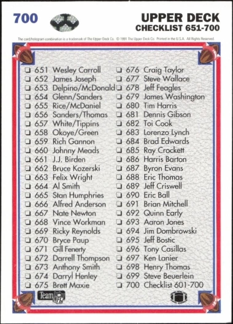 1999 Upper Deck Checklist #700 football trading card back