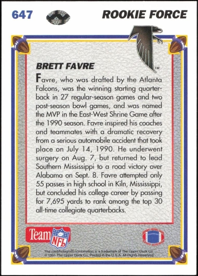 1991 Upper Deck Brett Favre #647 football trading card back