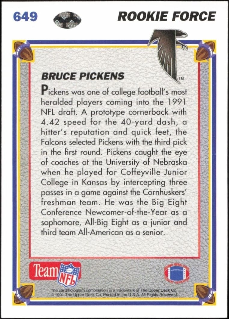 1991 Upper Deck Bruce Pickens #649 football trading card back