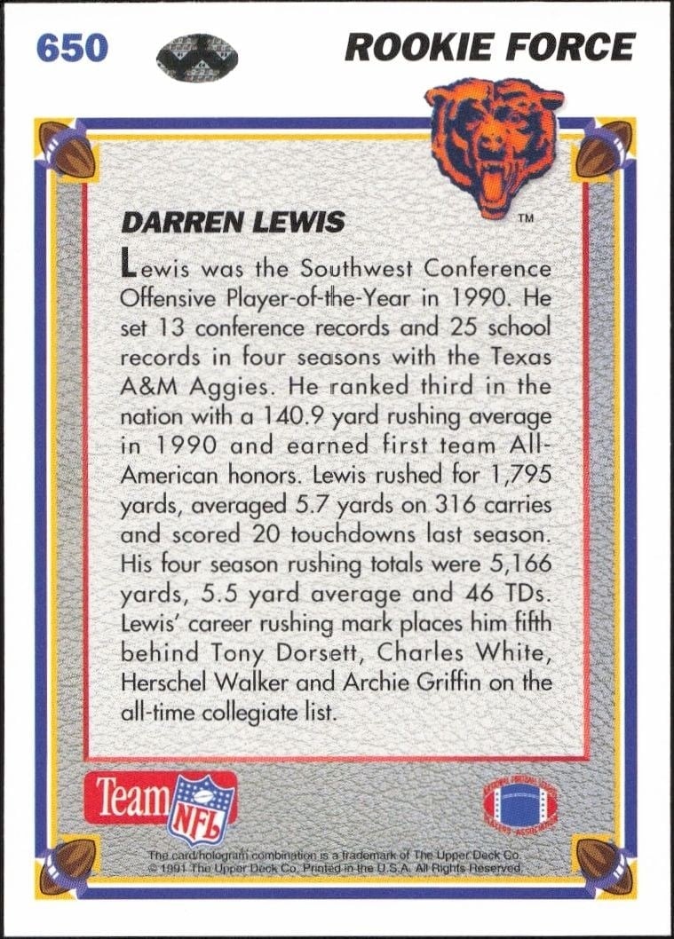 1991 Upper Deck Darren Lewis #650 football trading card back