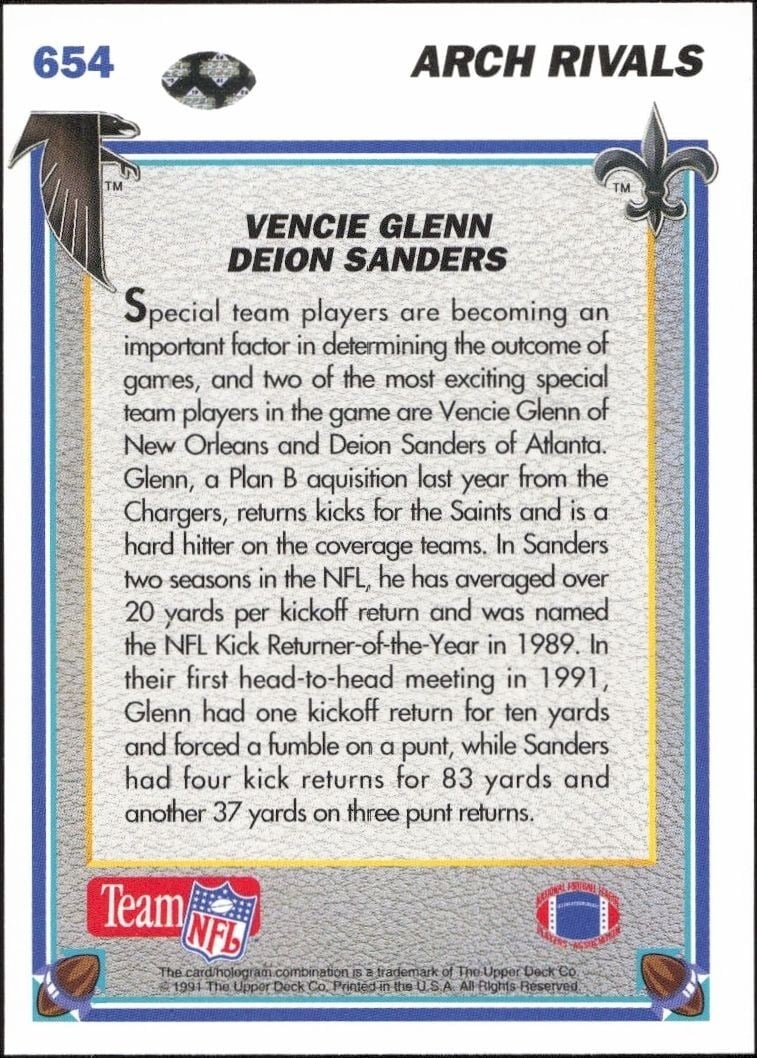 1991 Upper Deck Deion Sanders #654 football trading card back