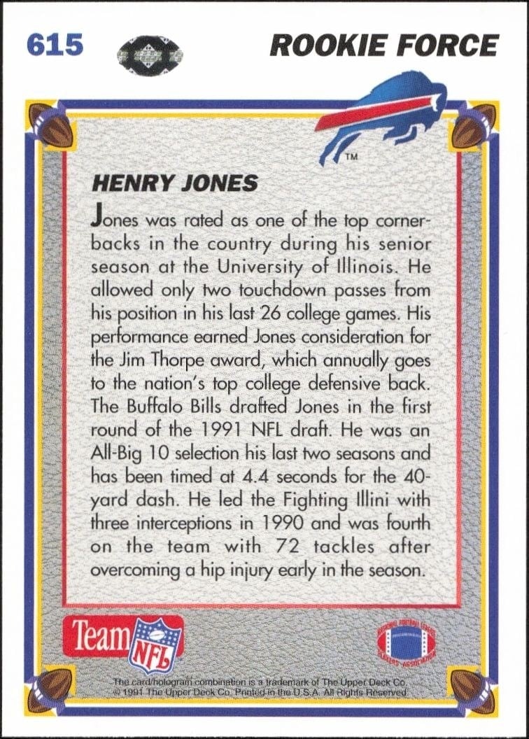 1991 Upper Deck Henry Jones #615 football trading card back