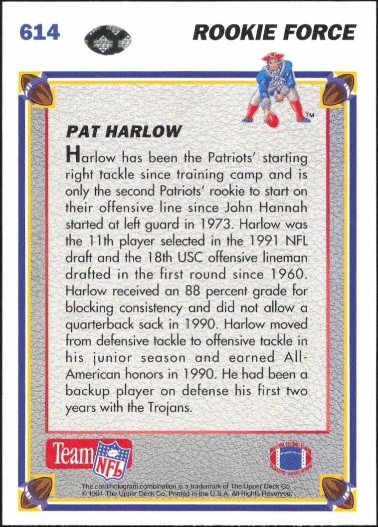 1991 Upper Deck Pat Harlow #614 football trading card back