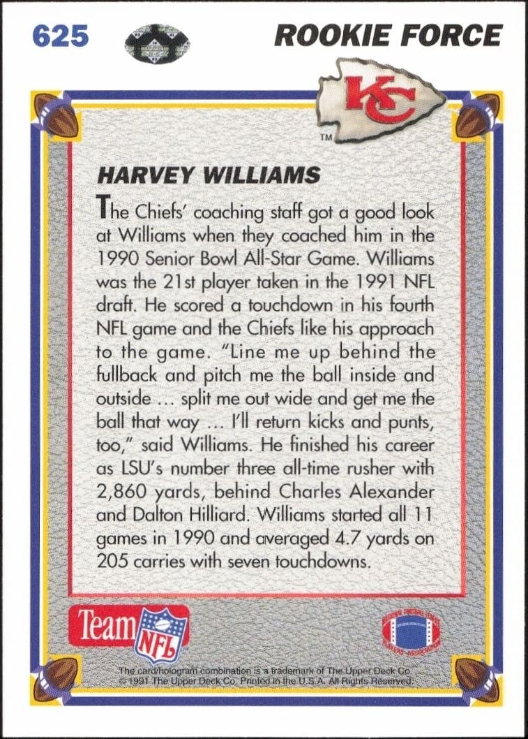 1991 Upper Deck Harvey Williams #625 football trading card back