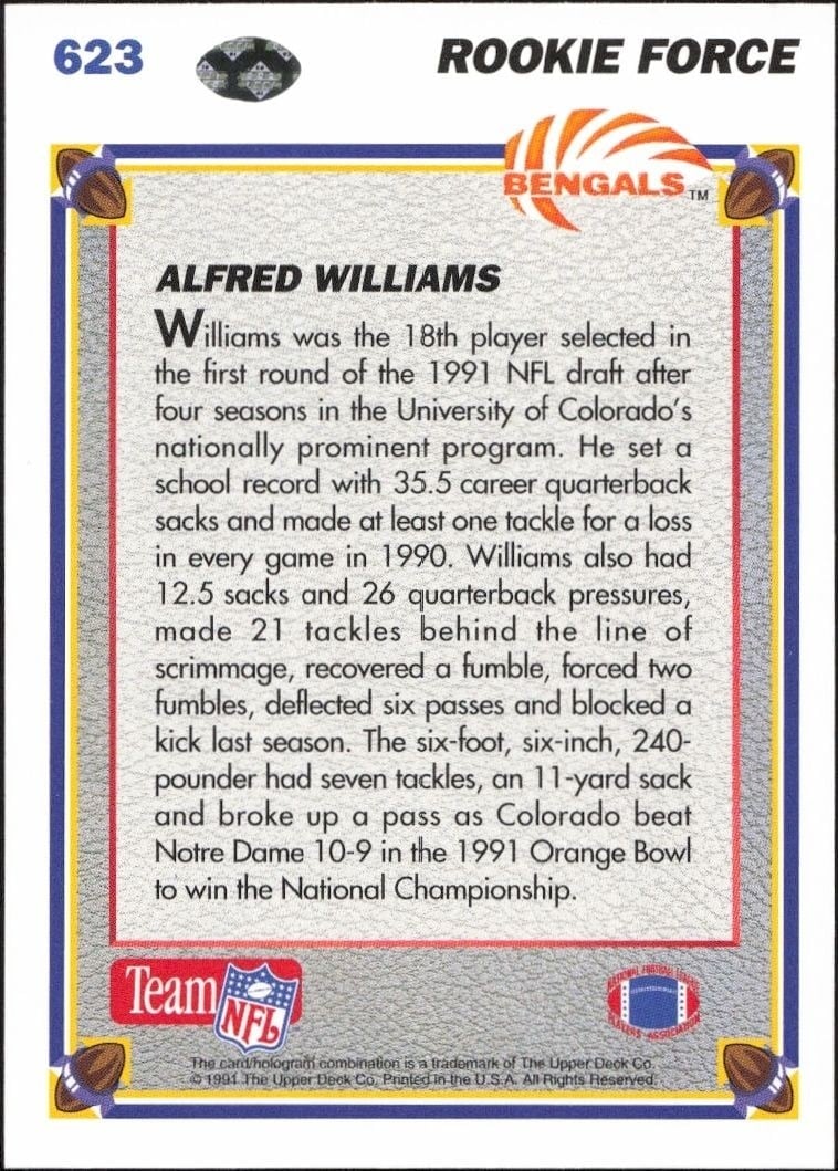 1991 Upper Deck Alfred Williams #623 football trading card back