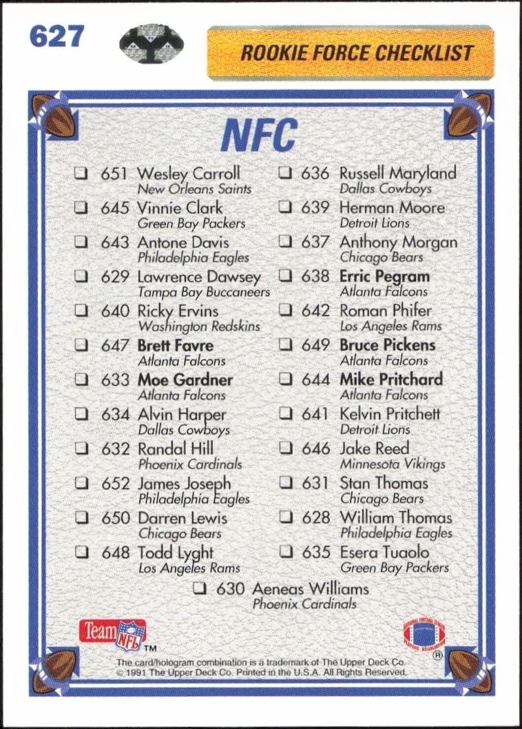 1991 Upper Deck Brett Favre #627 football trading card back