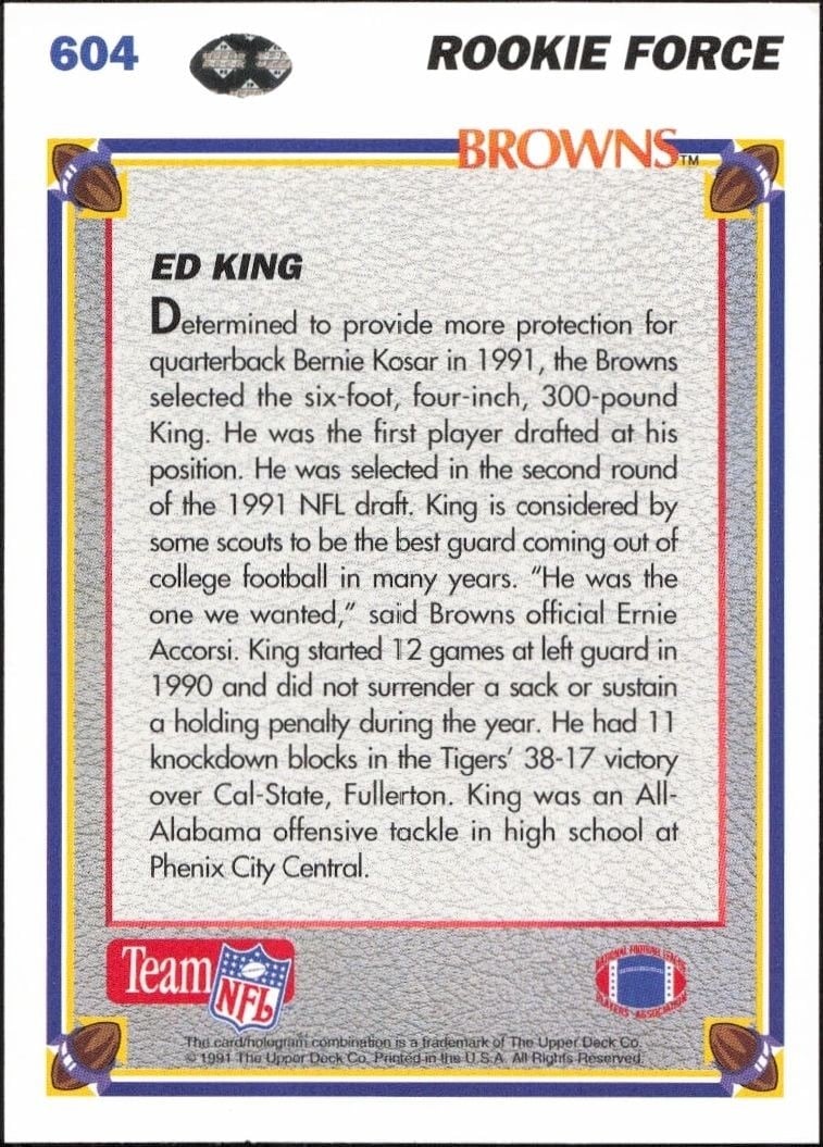 1991 Upper Deck Ed King #604 football trading card back