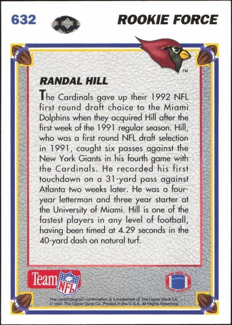 1991 Upper Deck Randal Hill #632 football trading card back