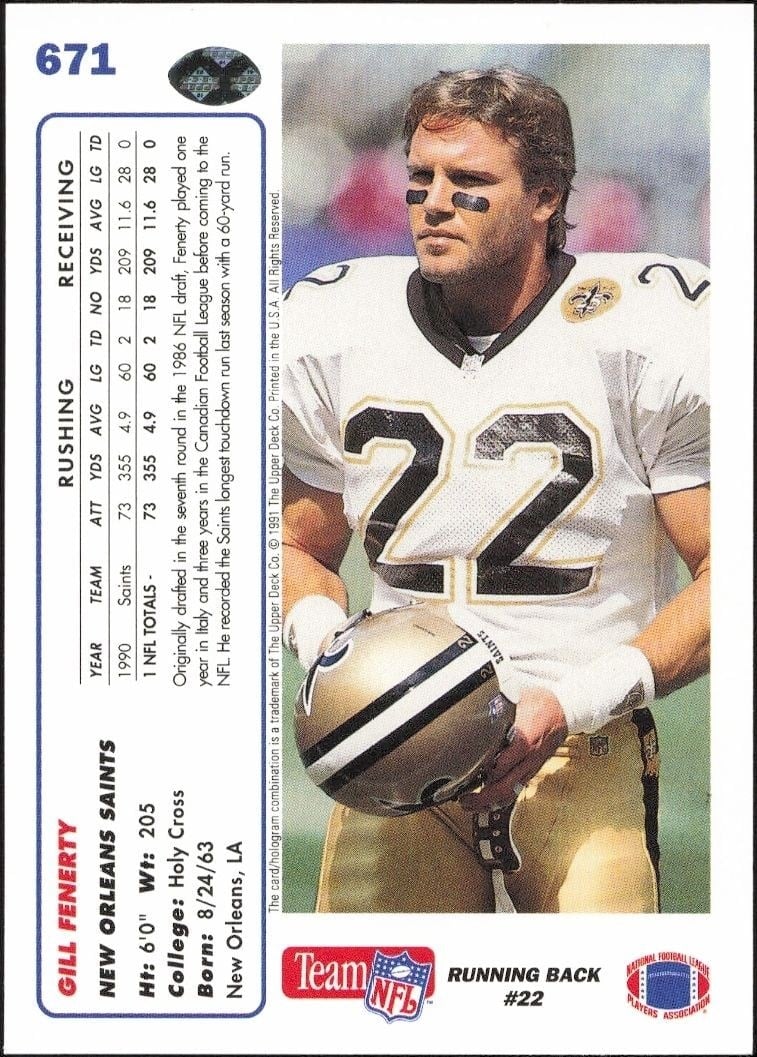 1991 Upper Deck Gill Fenerty #671 football trading card back