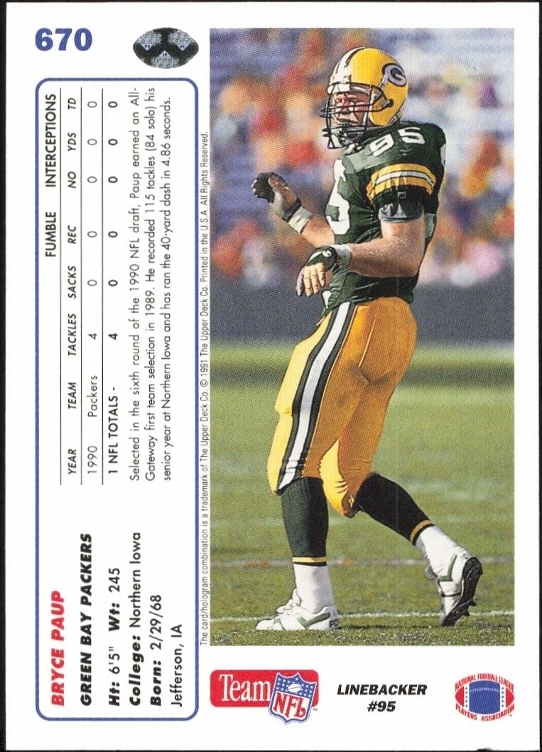 1991 Upper Deck Bryce Paup #670 football trading card back