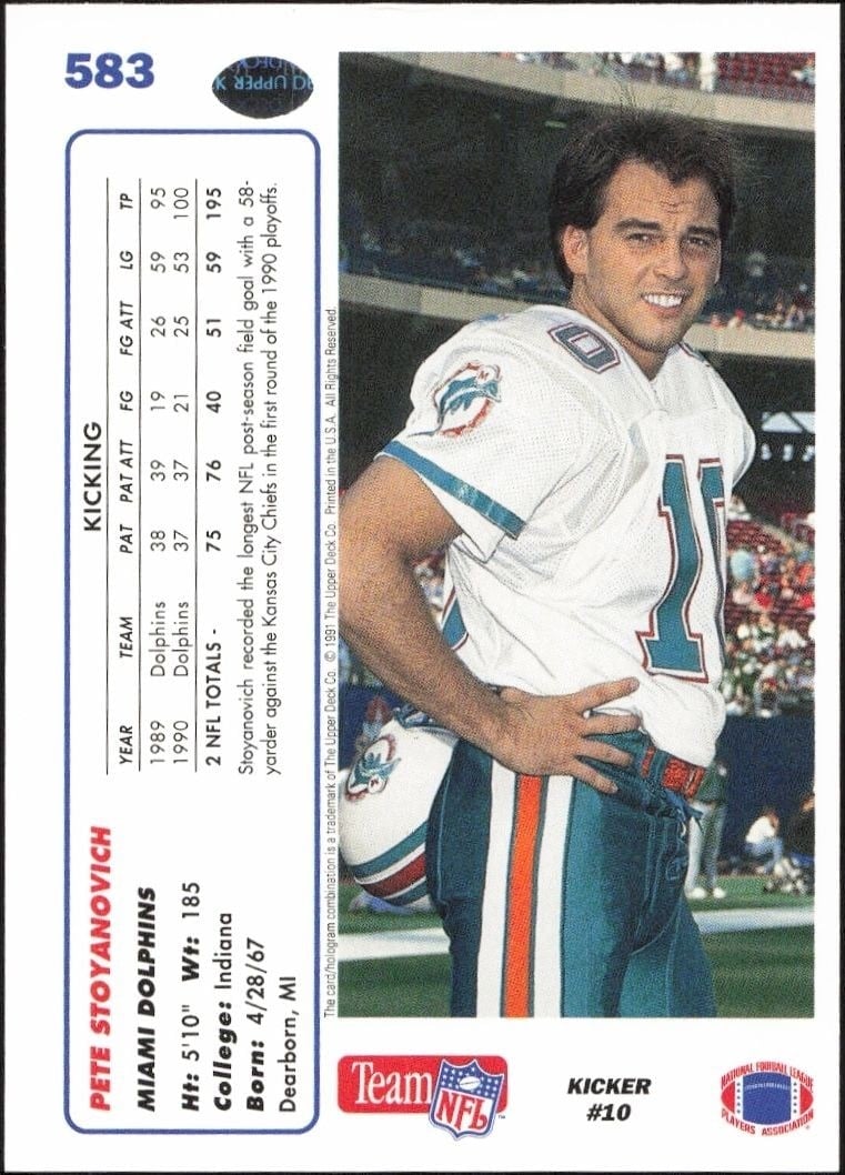 1991 Upper Deck Pete Stoyanovich #583 football trading card back