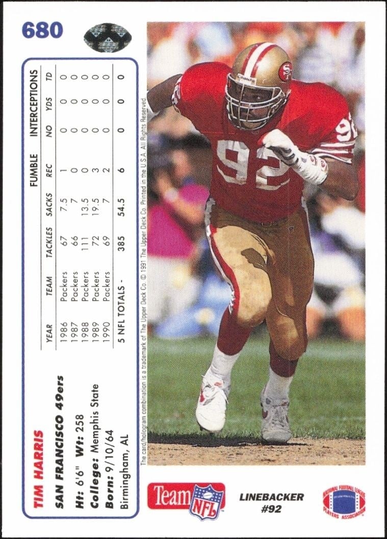 1991 Upper Deck Tim Harris #680 football trading card back