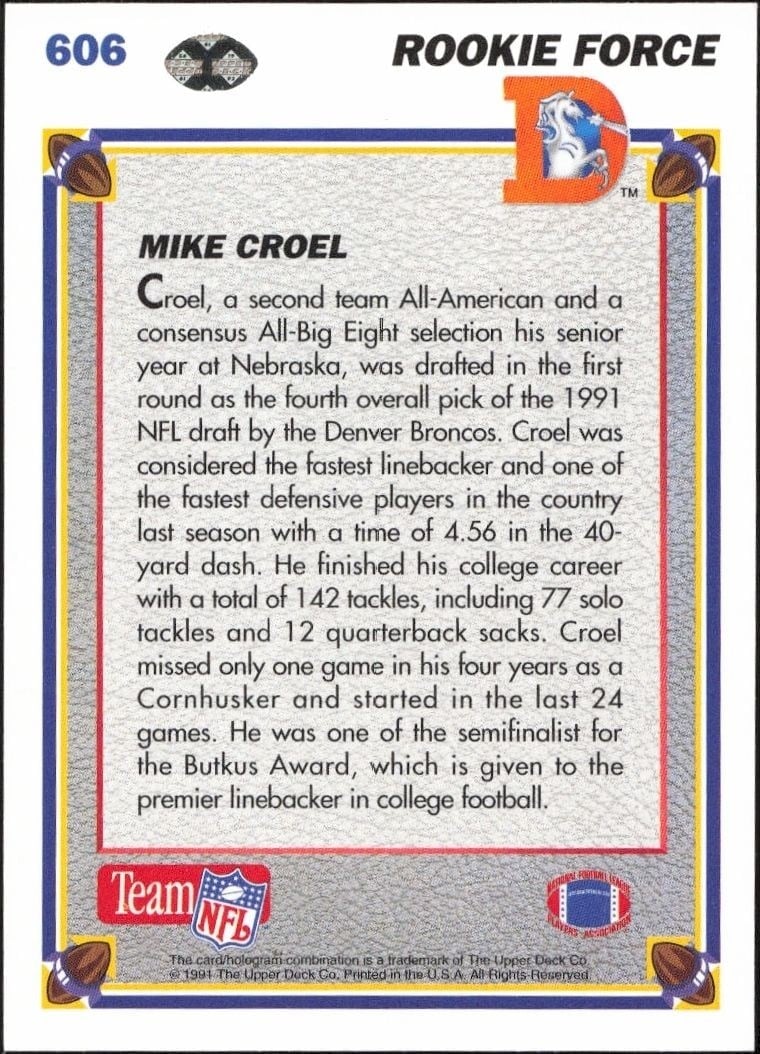 1991 Upper Deck Mike Croel #606 football trading card back