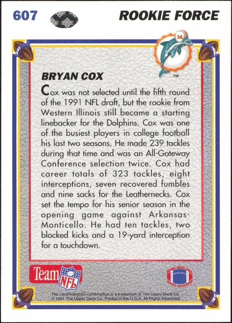 1991 Upper Deck Bryan Cox #607 football trading card back