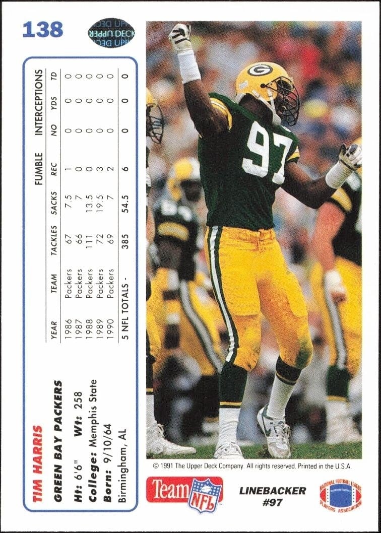 1991 Upper Deck Tim Harris #138 football trading card back