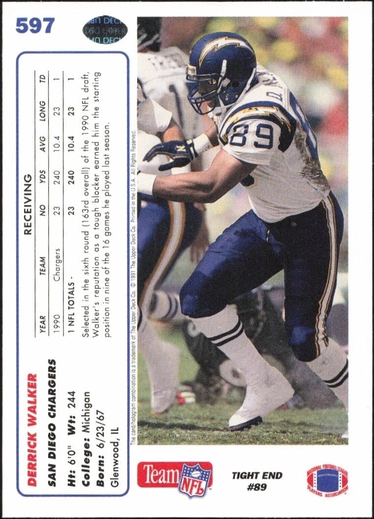1991 Upper Deck Derrick Walker #597 football trading card back