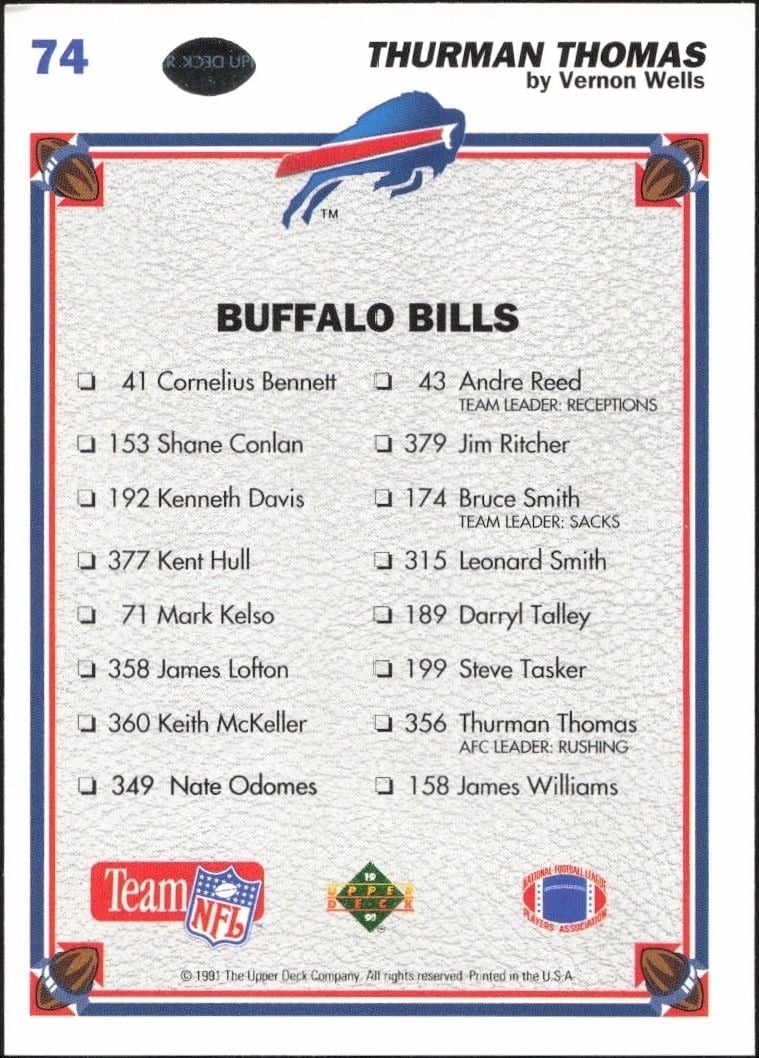 1991 Upper Deck Thurman Thomas #74 football trading card back