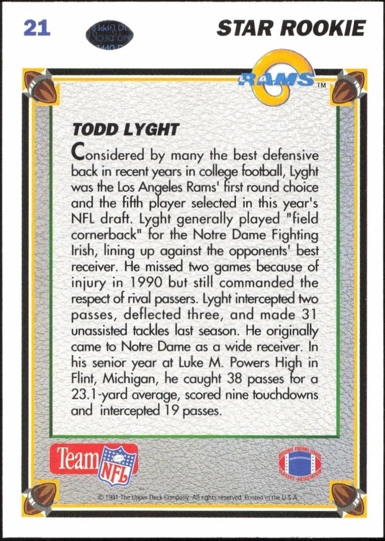 1991 Upper Deck Todd Lyght #21 football trading card back