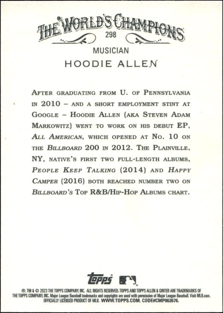 2023 Topps Allen & Ginter Hoodie Allen #298 baseball trading card back