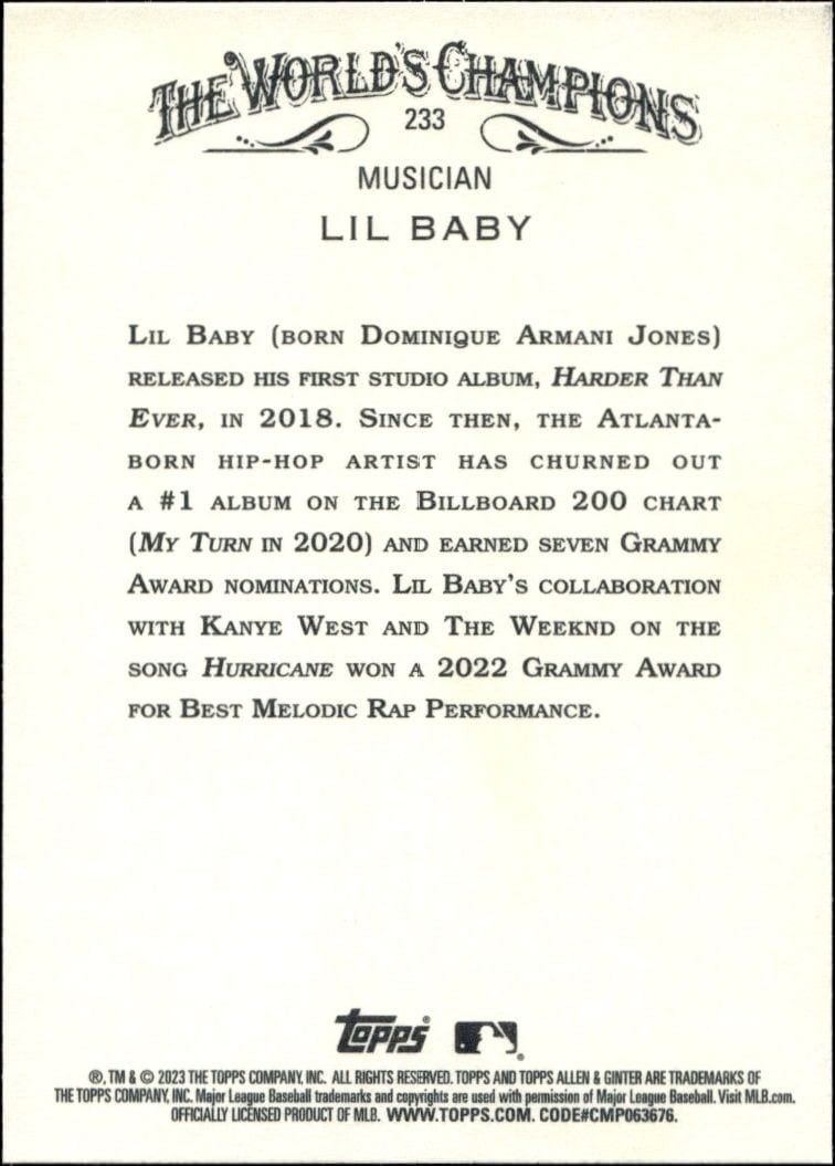2023 Topps Allen & Ginter Lil Baby #233 baseball trading card back