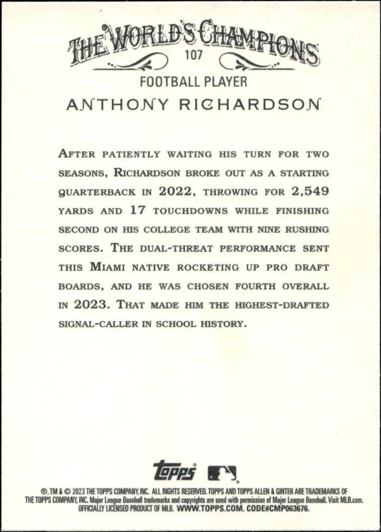 2023 Topps Allen & Ginter Anthony Richardson #107 baseball trading card back