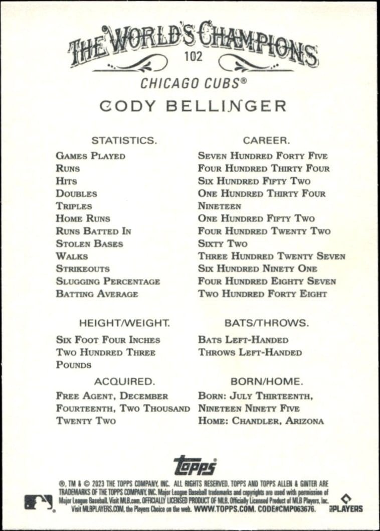 2023 Topps Allen & Ginter Cody Bellinger #102 baseball trading card back