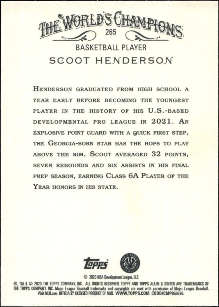 2023 Topps Allen & Ginter Scoot Henderson #265 baseball trading card back