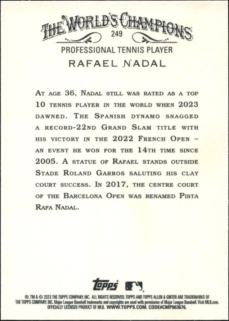 2023 Topps Allen & Ginter Rafael Nadal #249 baseball trading card back