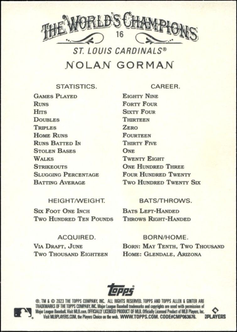 2023 Topps Allen & Ginter Nolan Gorman #16 baseball trading card back