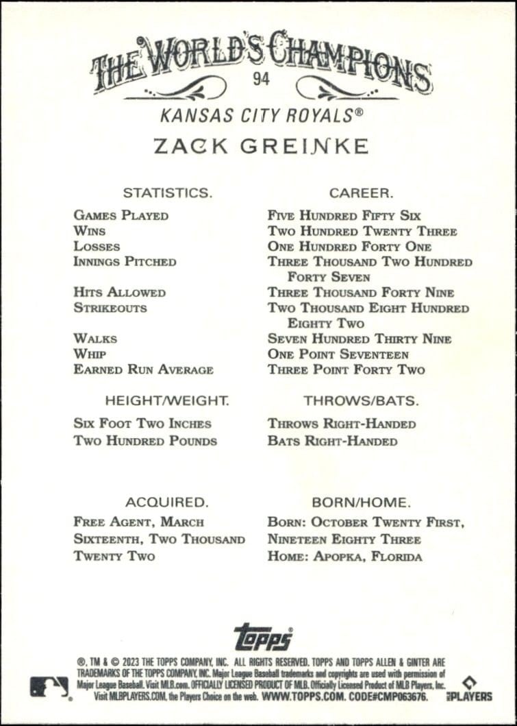 2023 Topps Allen & Ginter Zack Greinke #94 baseball trading card back