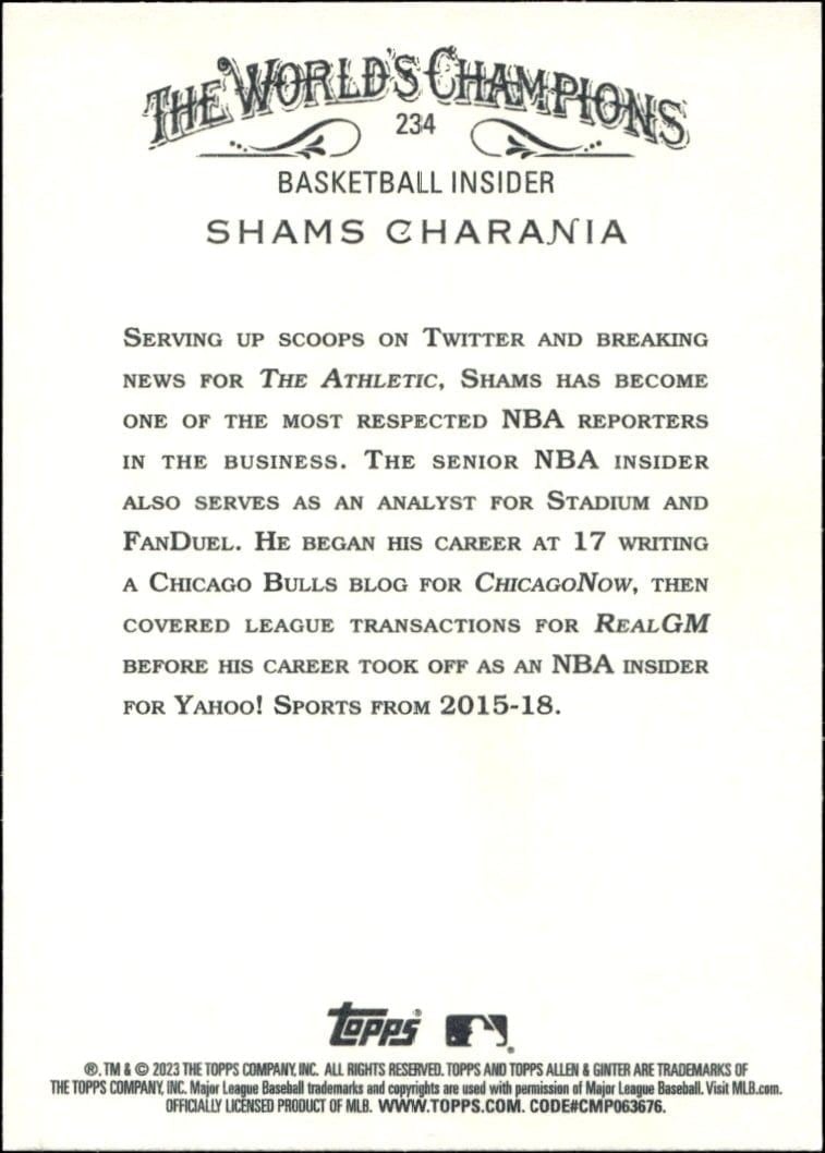 2023 Topps Allen & Ginter Shams Charania #234 baseball trading card back