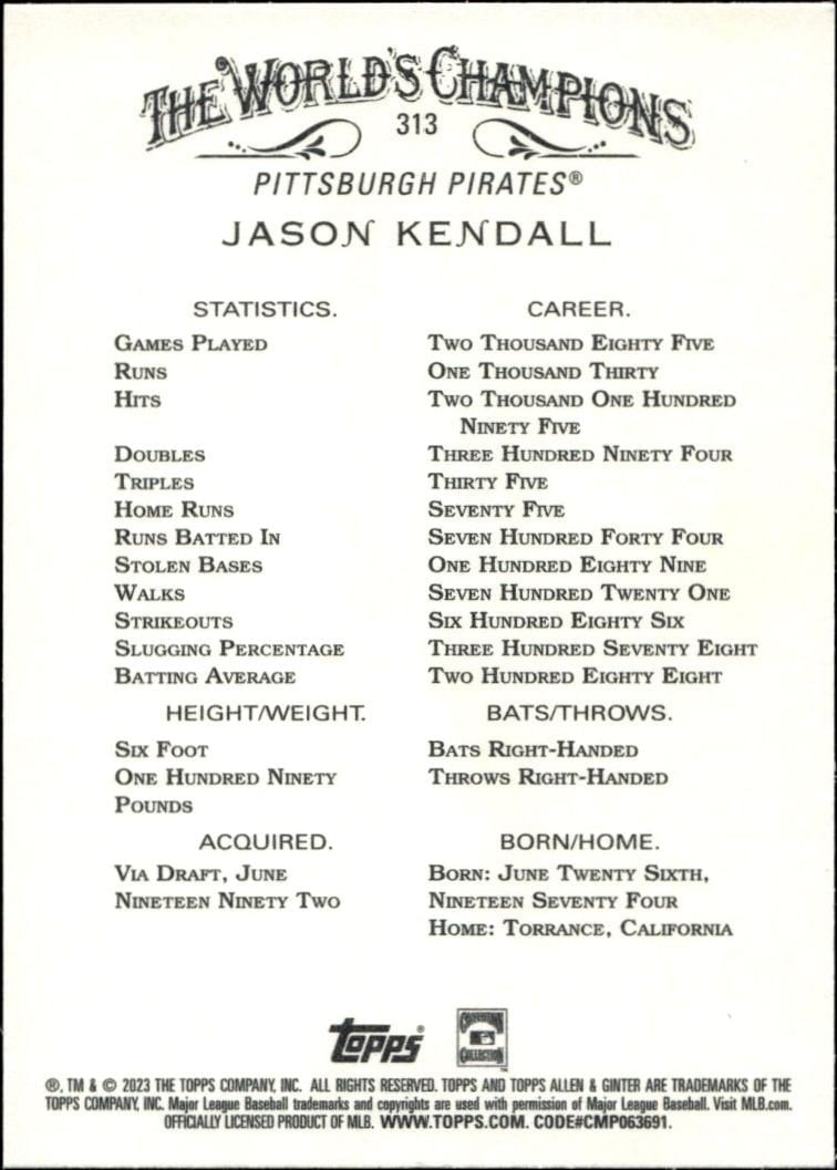 2023 Topps Allen & Ginter Jason Kendall #313 baseball trading card back