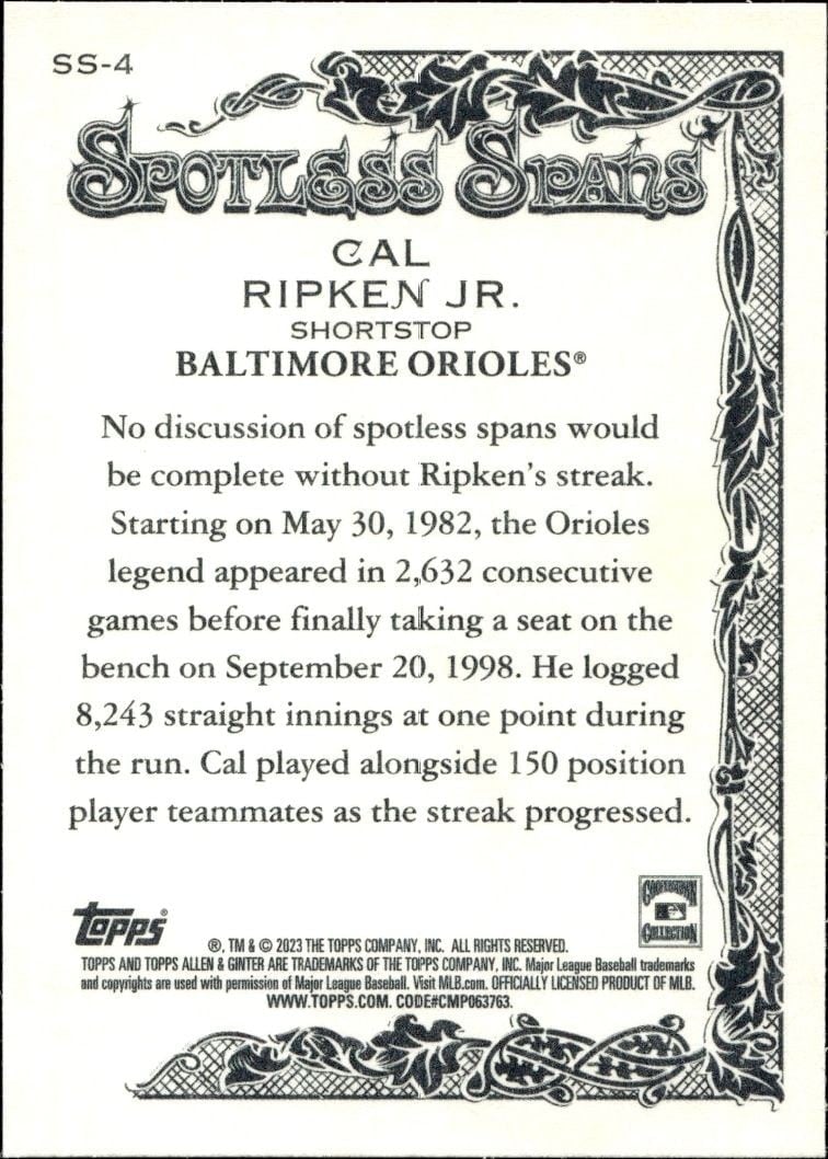 2023 Topps Allen & Ginter Cal Ripken Jr. #SS-4 baseball trading card back