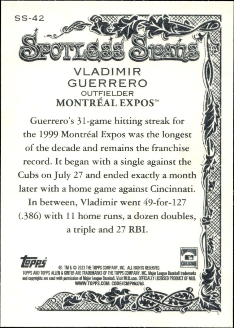 2023 Topps Allen & Ginter Vladimir Guerrero #SS-42 baseball trading card back