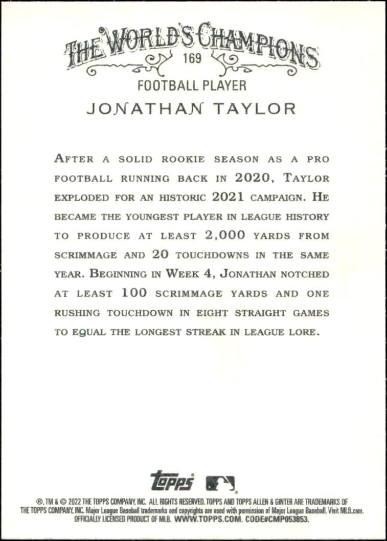 2022 Topps Allen & Ginter Jonathan Taylor #169 baseball trading card back