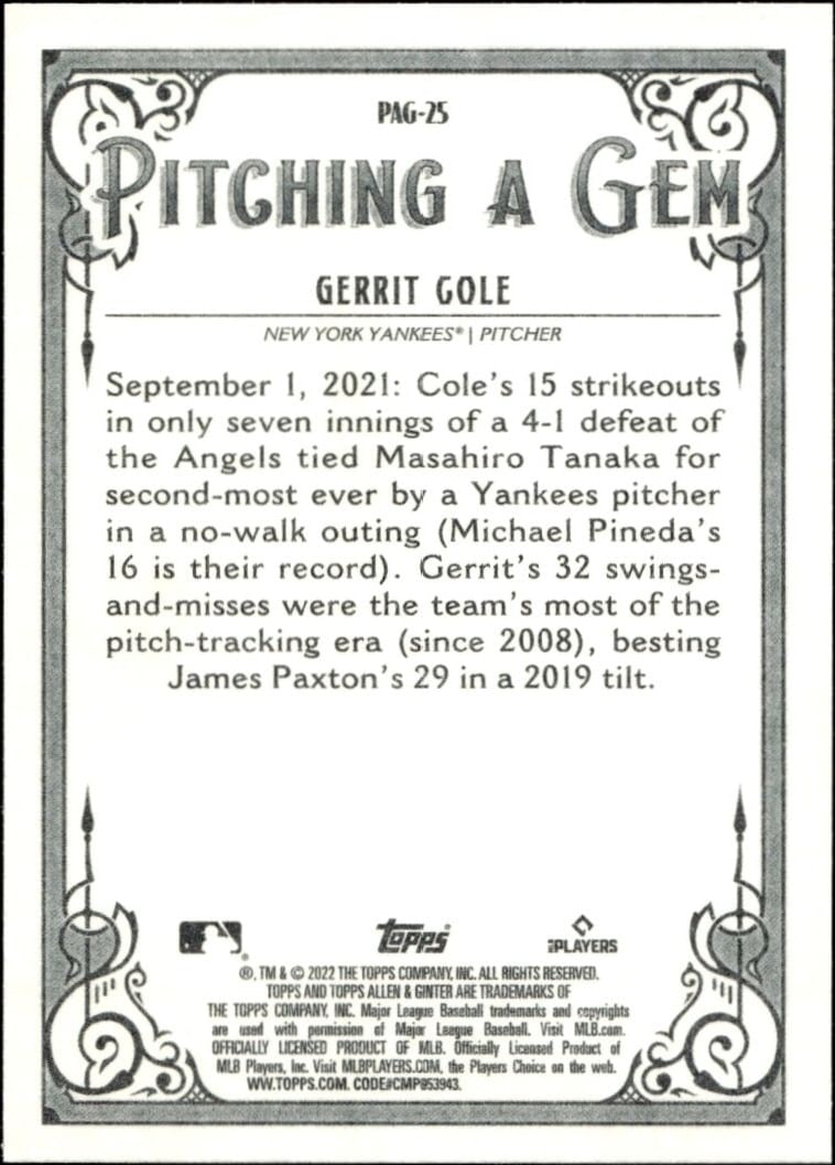 2022 Topps Allen & Ginter Gerrit Cole #PAG-25 baseball trading card back