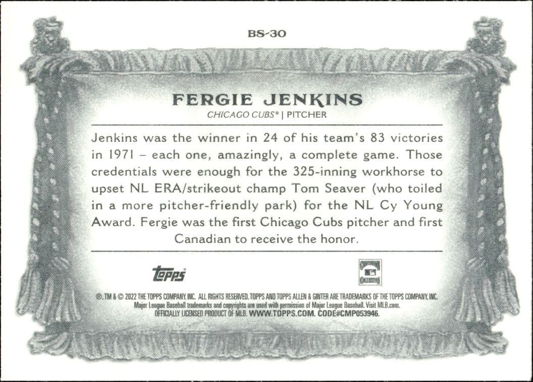 2022 Topps Allen & Ginter Fergie Jenkins #BS-30 baseball trading card back