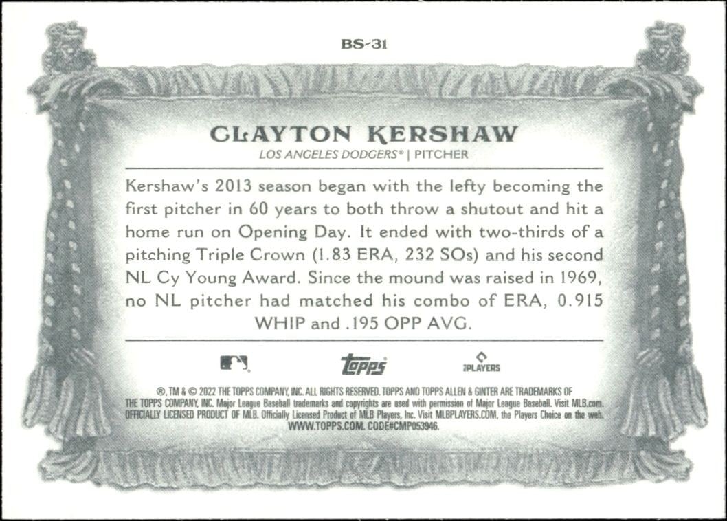 2022 Topps Allen & Ginter Clayton Kershaw #BS-31 baseball trading card back